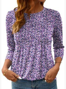 3/4 Sleeve Crew Neck Blouse Pleated Chest Curved Hem Lightweight T-Shirt Top